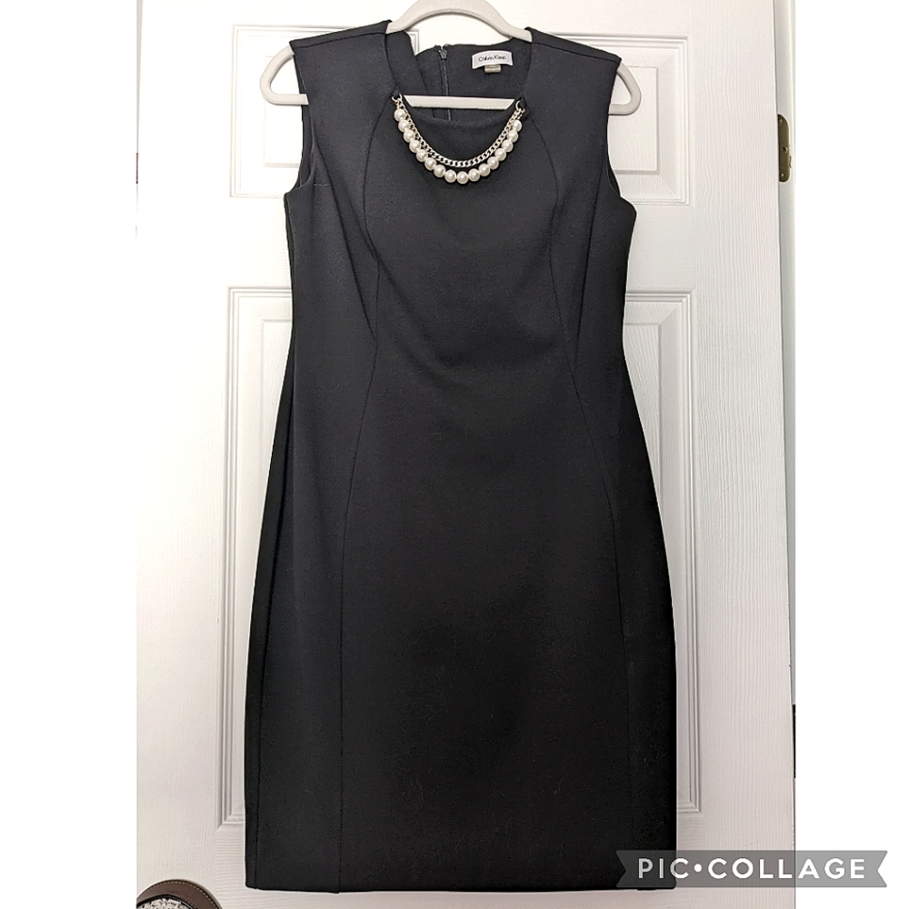 EUC Calvin Klein black dress with faux pearl chain
